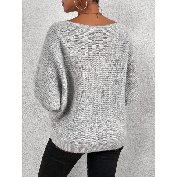 Off the Shoulder Batwing Sleeve ribbed knit soft Sweater gray - Picture 2 of 6
